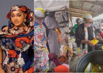 Nigerians react as actress, Mercy Aigbe storms the streets to share food and drinks with less privileged persons