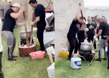 Shock as two white men are seen pounding yam for an event (video)