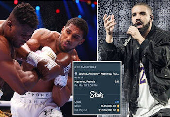 Drake loses £478,000 bet as Anthony Joshua knocks out Ngannou